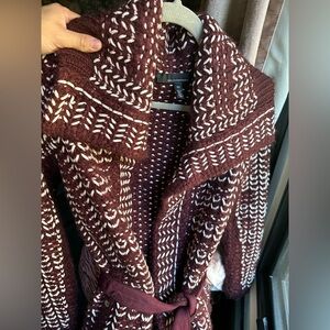 White House Black Market Maroon and Cream Sweater with Tie Belt